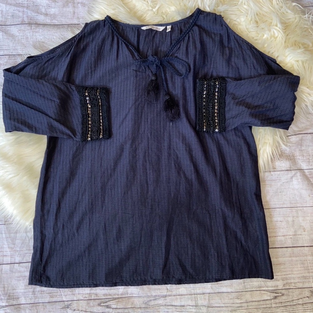 Women’s Plus NWT Soft Surroundings navy blue Chandra open shoulder blouse beaded